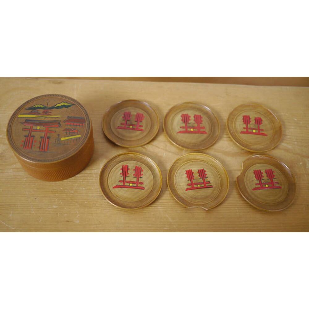 6 Vtg 60s Japanese Set Asian Wooden Handpainted Cocktail Drink Cocktail Coasters